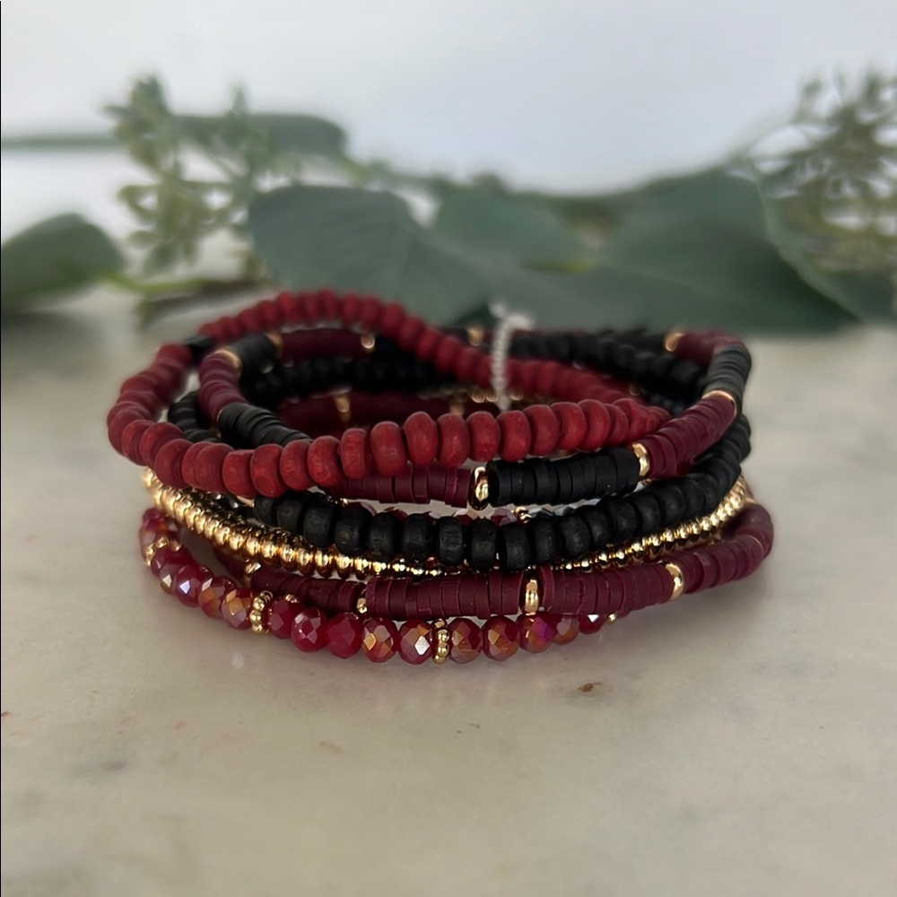 Burgundy And Black Gameday Beaded Bracelet Stack